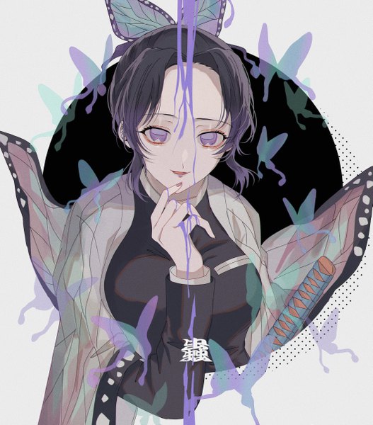 Anime picture 4234x4823 with kimetsu no yaiba ufotable kochou shinobu nerune single tall image looking at viewer highres short hair black hair purple eyes payot absurdres nail polish traditional clothes japanese clothes hand to mouth girl hair ornament weapon
