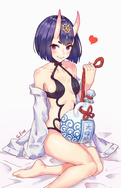 Anime picture 900x1394 with fate (series) fate/grand order shuten douji (fate) dre single tall image looking at viewer blush short hair light erotic simple background smile sitting purple eyes signed purple hair horn (horns) grey background open shirt oni horns