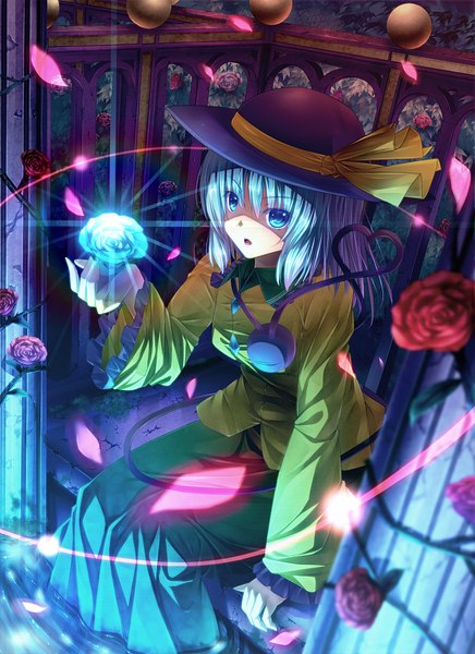 Anime picture 654x900 with touhou komeiji koishi ryosios single tall image fringe short hair blue eyes sitting blue hair parted lips from above girl flower (flowers) hat petals rose (roses) red rose hat ribbon blue rose