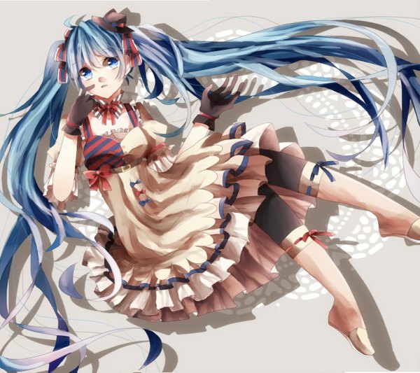 Anime picture 1245x1107 with vocaloid hatsune miku ennui heiwa miku single long hair looking at viewer blue eyes twintails blue hair girl dress gloves ribbon (ribbons) hair ribbon hat boots