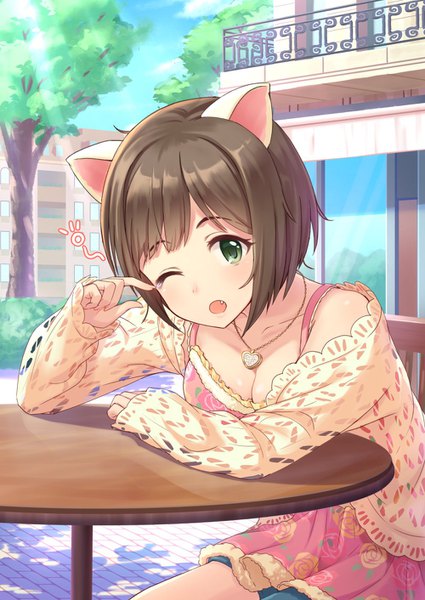 Anime picture 1000x1412 with idolmaster idolmaster cinderella girls maekawa miku tamakaga single tall image blush fringe short hair breasts open mouth light erotic brown hair sitting green eyes animal ears sky cleavage cloud (clouds) outdoors