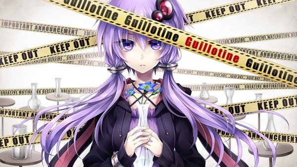 Anime picture 854x480 with vocaloid yuzuki yukari ueno tsuki single long hair looking at viewer blush fringe wide image purple eyes twintails holding animal ears purple hair upper body open jacket bunny ears text low twintails english