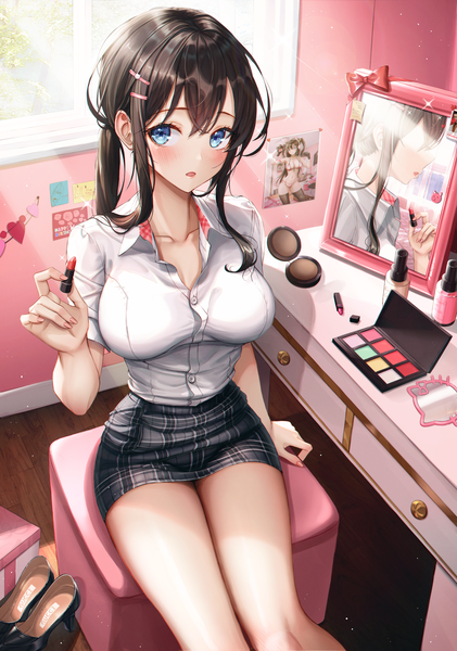 Anime picture 3440x4900 with original eichi (skskdi12z) single long hair tall image looking at viewer blush fringe highres breasts open mouth blue eyes light erotic black hair sitting payot absurdres ponytail indoors fingernails