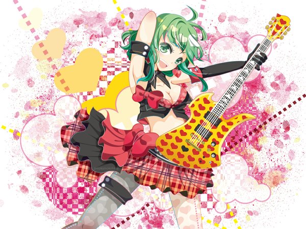 Anime picture 1024x768 with vocaloid gumi arishiki single looking at viewer short hair open mouth green eyes cleavage green hair wallpaper arm behind head heart print girl skirt bow pantyhose heart single glove guitar