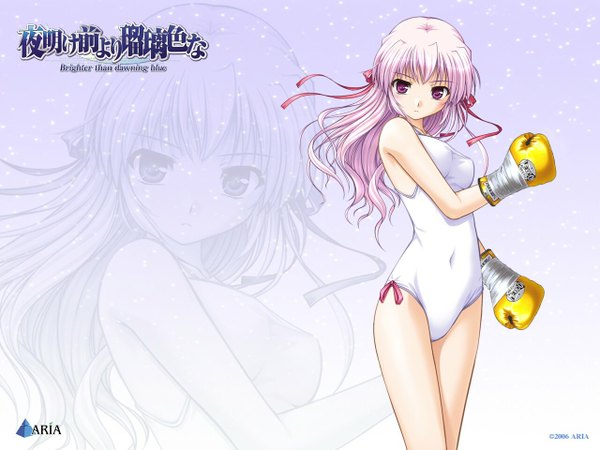 Anime picture 1280x960 with yoake mae yori ruri iro na august soft estel freesia bekkankou long hair purple eyes pink hair wallpaper snowing winter zoom layer ribbon (ribbons) hair ribbon leotard boxing gloves