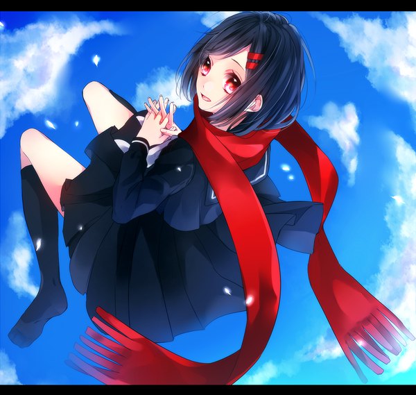 Anime picture 1395x1325 with kagerou project shaft (studio) tateyama ayano hanasato (okashino) single long hair looking at viewer black hair red eyes sky cloud (clouds) full body from above no shoes letterboxed interlocked fingers girl uniform socks serafuku
