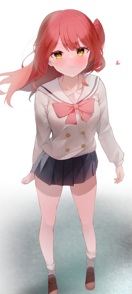 Anime picture 1953x4340 with bocchi the rock! cloverworks kita ikuyo eureka 814 single long hair tall image looking at viewer blush highres simple background yellow eyes red hair pleated skirt from above one side up girl skirt uniform miniskirt