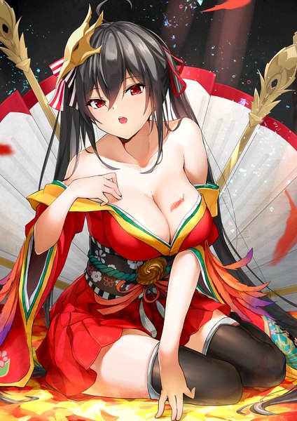 Anime picture 2893x4092 with azur lane taihou (azur lane) maeshimashi single tall image looking at viewer blush fringe highres breasts open mouth light erotic black hair hair between eyes red eyes large breasts sitting bare shoulders payot cleavage