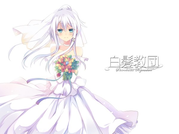 Anime picture 1200x905 with original ancer (mishima kurone) mishima kurone single long hair looking at viewer blush blue eyes simple background smile white background bare shoulders white hair wind inscription embarrassed hieroglyph girl dress flower (flowers)