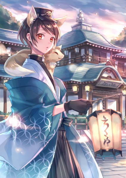 Anime picture 1413x2000 with original zoff (daria) single tall image looking at viewer fringe short hair open mouth red eyes brown hair standing holding animal ears sky cloud (clouds) outdoors traditional clothes japanese clothes off shoulder wide sleeves