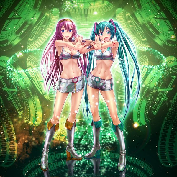 Anime picture 1200x1200 with vocaloid hatsune miku megurine luka wokada long hair open mouth blue eyes twintails multiple girls green eyes pink hair cleavage green hair girl 2 girls miniskirt shorts microphone bikini top