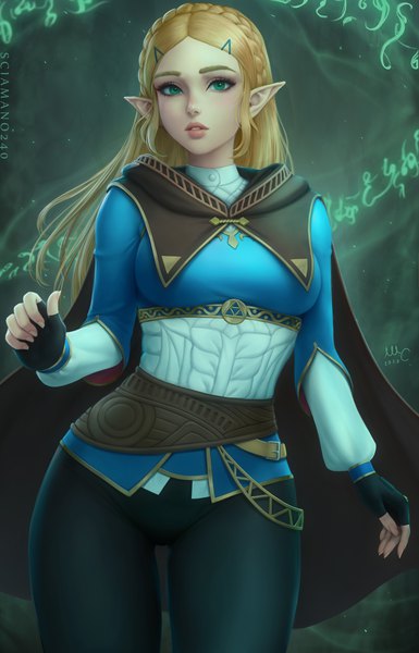 Anime picture 1924x3000 with the legend of zelda the legend of zelda: breath of the wild nintendo princess zelda sciamano240 single long hair tall image looking at viewer blush highres blonde hair standing green eyes signed braid (braids) parted lips fingernails lips pointy ears