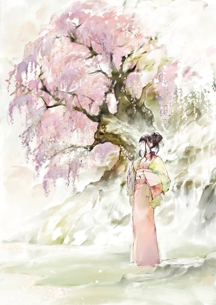 Anime picture 1447x2047 with original kureta single tall image black hair standing looking away traditional clothes japanese clothes profile grey eyes cherry blossoms girl plant (plants) tree (trees) kimono branch