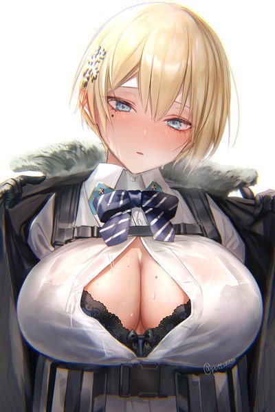 Anime picture 3200x4800 with girls frontline vsk-94 (girls frontline) pottsness single tall image looking at viewer blush fringe highres short hair breasts open mouth blue eyes light erotic simple background blonde hair smile hair between eyes large breasts white background