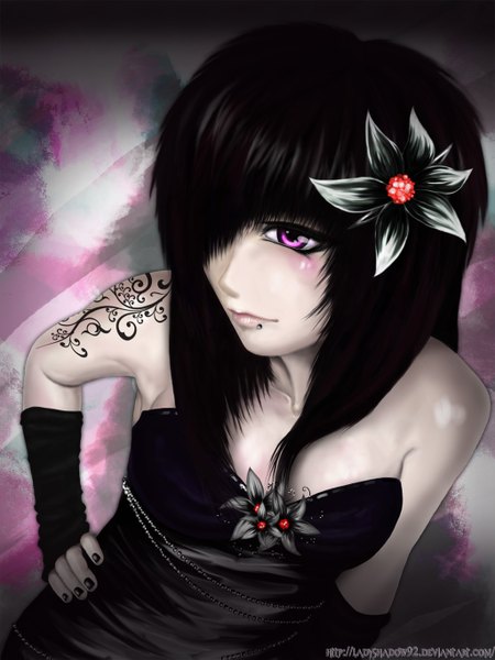 Anime picture 1024x1365 with original ladyshadow92 single long hair tall image blush fringe purple eyes hair flower lips tattoo piercing lip piercing girl gloves hair ornament hairclip beads corset