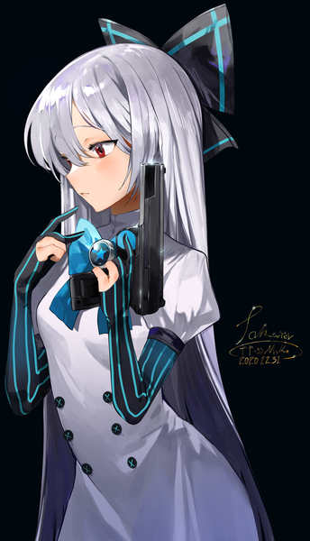 Anime picture 2014x3508 with girls frontline tokarev (girls frontline) moko (moko/moko) single long hair tall image fringe highres simple background hair between eyes red eyes silver hair profile character names dated black background girl gloves bow weapon