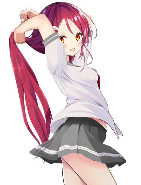 Anime picture 1300x1698 with love live! sunshine!! sunrise (studio) love live! sakurauchi riko bonfurai single long hair tall image looking at viewer blush fringe open mouth simple background smile hair between eyes standing white background holding yellow eyes red hair