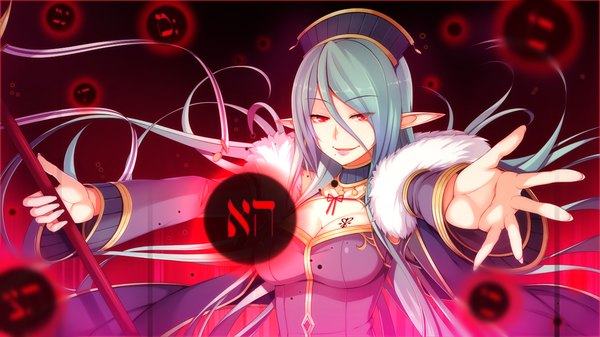 Anime picture 1280x720 with tentacle lord (game) tel-o long hair smile red eyes wide image game cg green hair pointy ears magic girl
