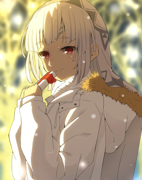 Anime picture 1012x1279 with fate (series) fate/grand order altera (fate) shiime single tall image fringe short hair smile red eyes payot upper body white hair blurry fur trim shaded face girl jacket headdress fur