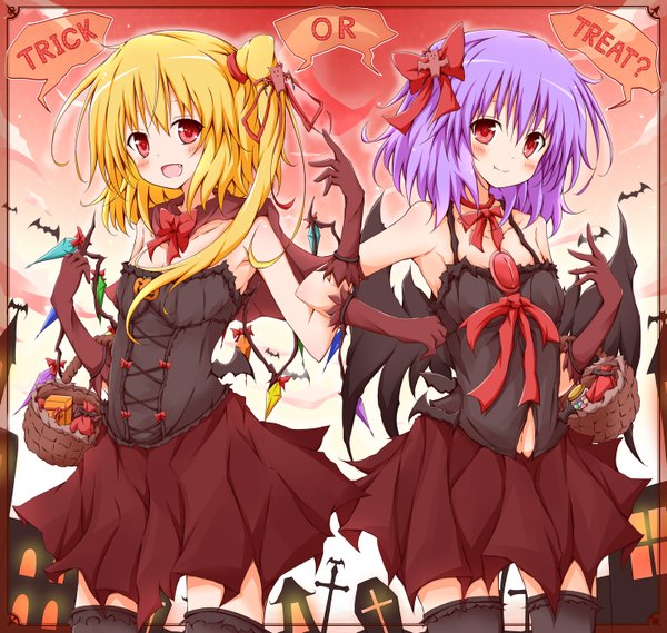 Anime picture 1475x1400 with touhou flandre scarlet remilia scarlet karamoneeze blush short hair open mouth blonde hair red eyes multiple girls purple hair halloween trick or treat girl thighhighs dress skirt gloves bow black thighhighs
