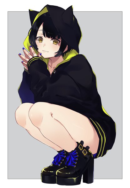 Anime picture 829x1200 with original kusaka kou single tall image looking at viewer blush fringe short hair black hair simple background yellow eyes full body bent knee (knees) nail polish light smile grey background bare legs high heels border sleeves past wrists