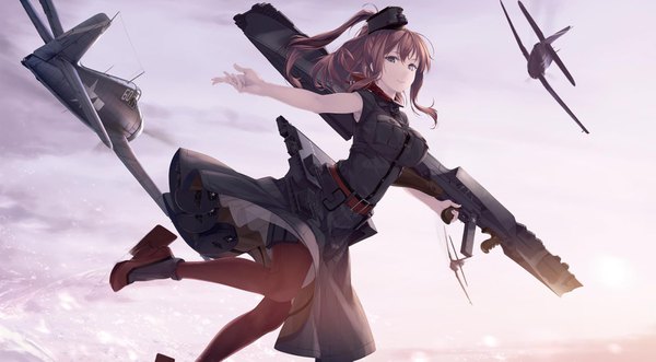 Anime picture 1600x885 with kantai collection saratoga (kantai collection) rokuwata tomoe single long hair looking at viewer brown hair wide image purple eyes sky outdoors ponytail outstretched arm remodel (kantai collection) girl pantyhose aircraft airplane