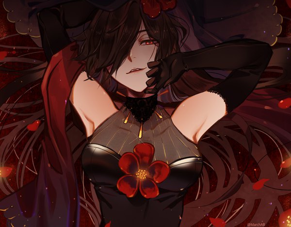 Anime picture 961x750 with fate (series) fate/grand order oda nobunaga (fate) (all) oda nobunaga (fate) marchab 66 single long hair looking at viewer fringe breasts open mouth red eyes brown hair signed upper body lying hair flower hair over one eye armpit (armpits) on back