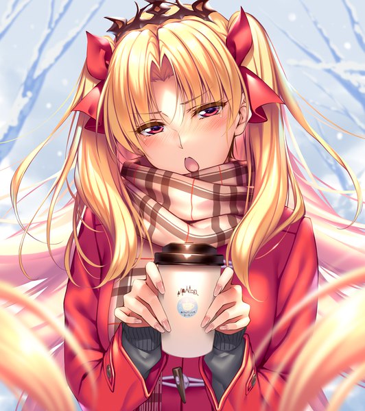 Anime picture 952x1073 with fate (series) fate/grand order ereshkigal (fate) piromizu single long hair tall image looking at viewer blush fringe open mouth blonde hair red eyes holding upper body outdoors long sleeves very long hair head tilt fingernails