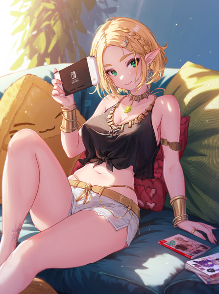 Anime picture 4434x5950 with the legend of zelda nintendo princess zelda mitsu (mitsu art) single tall image looking at viewer blush highres short hair breasts light erotic blonde hair large breasts sitting bare shoulders holding green eyes absurdres indoors