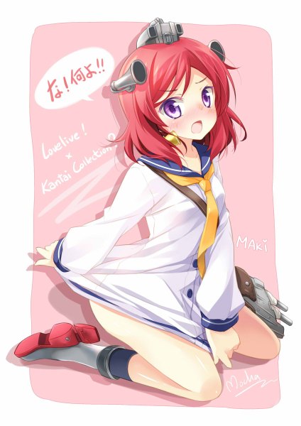 Anime picture 848x1200 with love live! school idol project sunrise (studio) love live! nishikino maki mocha (naturefour) tall image blush short hair open mouth purple eyes red hair girl hair ornament necktie boots sailor suit