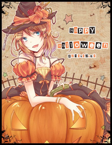 Anime picture 1287x1670 with vocaloid kagamine rin mokoppe single tall image blush short hair open mouth blue eyes blonde hair nail polish inscription teeth fang (fangs) border halloween happy halloween orange nail polish girl dress