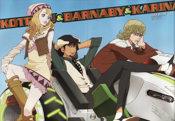 Anime picture 1600x1105 with tiger & bunny sunrise (studio) kaburagi t. kotetsu barnaby brooks jr. karina lyle blonde hair light smile inscription arms behind head girl boy hat glasses jacket boots flat cap beard machine