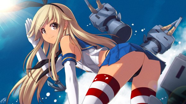 Anime picture 1920x1080 with kantai collection shimakaze destroyer rensouhou-chan hell machina (1009056) long hair looking at viewer highres light erotic blonde hair wide image brown eyes signed sky ass looking back from behind sunlight wallpaper :3 bent over