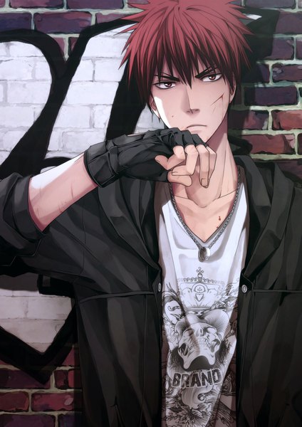 Anime picture 1500x2122 with kuroko no basket production i.g kagami taiga kuehsy single tall image looking at viewer fringe short hair red hair fingernails open clothes open jacket alternate costume serious bleeding graffiti boy gloves black gloves