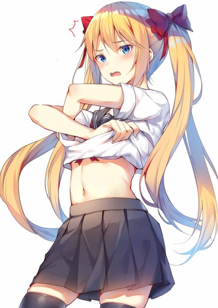 Anime picture 1062x1500 with original alexmaster single long hair tall image looking at viewer blush fringe open mouth blue eyes light erotic simple background blonde hair hair between eyes standing white background twintails holding pleated skirt zettai ryouiki