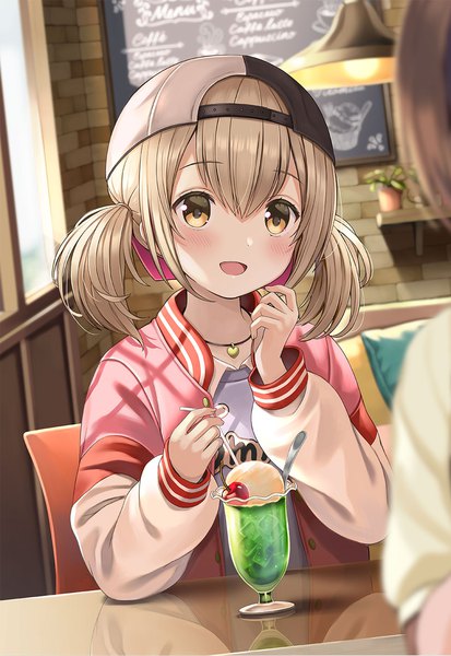 Anime picture 977x1419 with project sekai azusawa kohane yuuka nonoko tall image blush fringe short hair open mouth blonde hair hair between eyes twintails yellow eyes indoors :d open jacket short twintails solo focus brick wall girl jacket