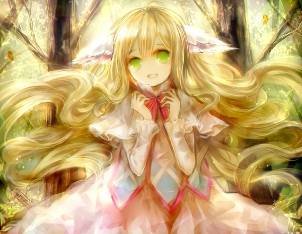 Anime picture 1000x775 with fairy tail mavis vermillion hanchan single long hair looking at viewer fringe open mouth standing green eyes animal ears yellow eyes long sleeves happy yellow background girl plant (plants) tree (trees)