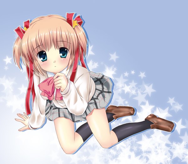 Anime picture 1841x1608 with little busters! key (studio) kamikita komari highres blue eyes blonde hair loli two side up girl hair ornament socks serafuku star hair ornament