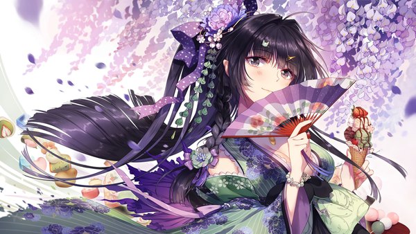 Anime picture 4096x2308 with benghuai xueyuan honkai (series) raiden mei single long hair looking at viewer blush highres breasts wide image absurdres purple hair ahoge upper body traditional clothes japanese clothes wind black eyes blurry wide sleeves