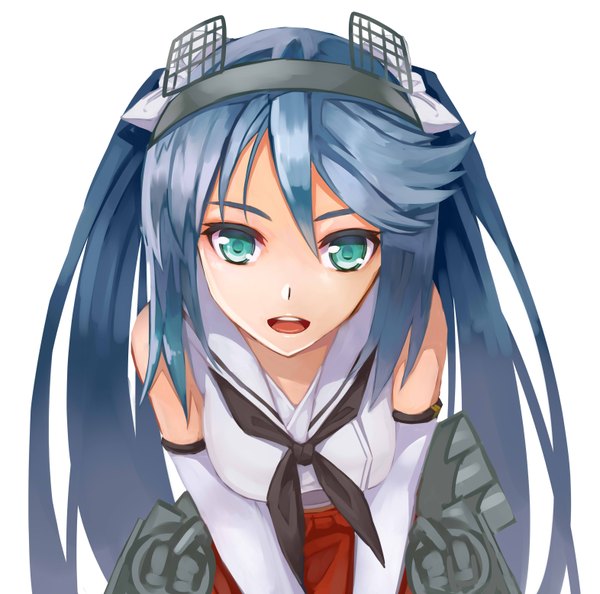 Anime picture 3141x3112 with kantai collection isuzu light cruiser isuzu (kantai collection) kibanda gohan single long hair looking at viewer highres open mouth simple background white background blue hair absurdres aqua eyes girl hair ornament detached sleeves