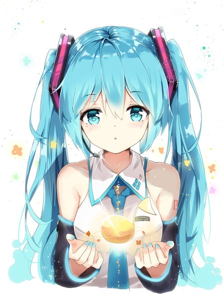Anime picture 1529x2039 with vocaloid hatsune miku asahi kuroi single long hair tall image looking at viewer blush fringe simple background hair between eyes white background twintails bare shoulders upper body nail polish parted lips aqua eyes aqua hair :o