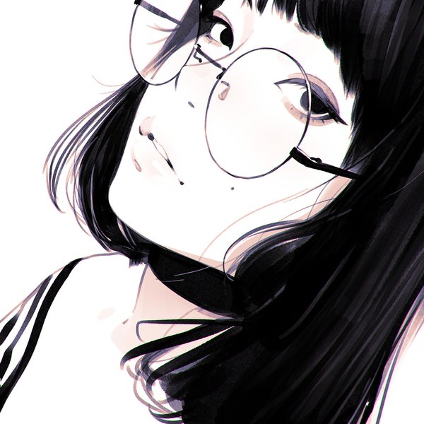 Anime-Bild 1080x1080 mit original ilya kuvshinov single looking at viewer fringe short hair parted lips realistic mole monochrome close-up eyeshadow girl choker glasses