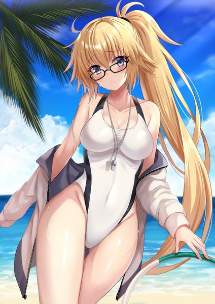 Anime picture 1000x1414 with fate (series) fate/grand order jeanne d'arc (fate) (all) jeanne d'arc (swimsuit archer) harimoji single long hair tall image looking at viewer blush fringe breasts blue eyes light erotic blonde hair hair between eyes large breasts standing bare shoulders payot