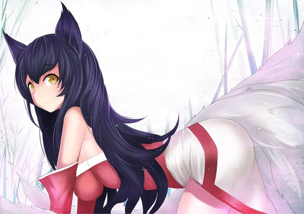 Anime picture 1450x1025 with league of legends ahri (league of legends) xiaodi single long hair looking at viewer fringe breasts light erotic black hair standing bare shoulders animal ears yellow eyes tail animal tail cat ears cat tail kneeling facial mark