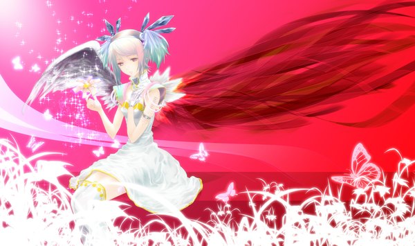 Anime picture 2186x1294 with original nanami sora single highres short hair wide image purple eyes twintails silver hair short twintails angel wings angel girl dress flower (flowers) wings insect butterfly