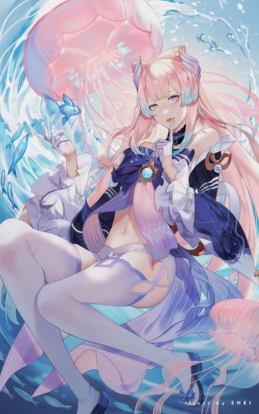 Anime picture 1566x2500 with genshin impact sangonomiya kokomi shei99 single long hair tall image looking at viewer light erotic purple eyes signed pink hair horn (horns) finger to mouth underwater girl thighhighs gloves detached sleeves animal white thighhighs