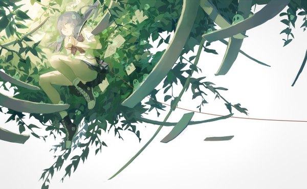 Anime picture 1252x774 with original spencer sais single looking at viewer open mouth simple background wide image white background bent knee (knees) pleated skirt sunlight from below short sleeves flying upskirt white eyes girl skirt uniform plant (plants)