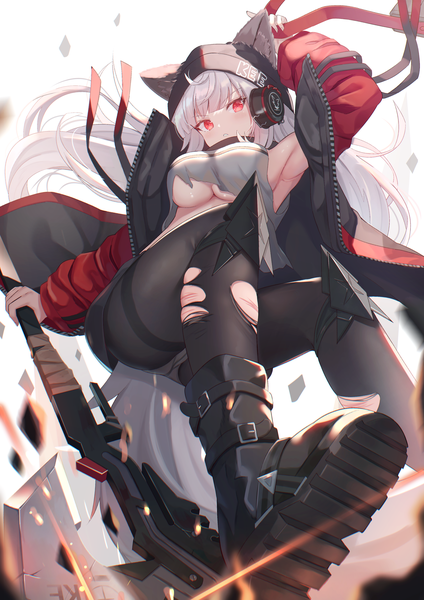 Anime picture 1654x2339 with arknights frostleaf (arknights) f (milfaaaaa) single long hair tall image looking at viewer blush fringe breasts light erotic simple background red eyes white background holding animal ears silver hair ahoge bent knee (knees) tail