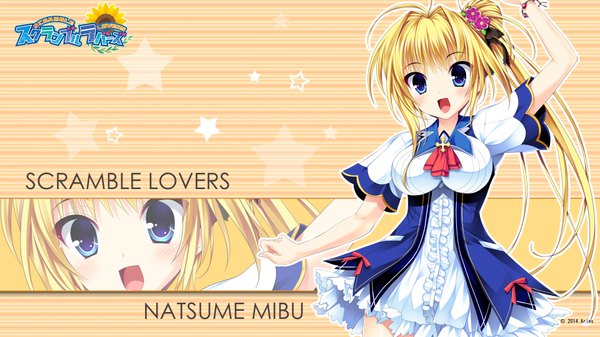 Anime picture 1920x1080 with scramble lovers mibu natsume single looking at viewer fringe highres open mouth blue eyes blonde hair wide image hair flower inscription official art hair bun (hair buns) wallpaper hieroglyph girl uniform hair ornament flower (flowers)