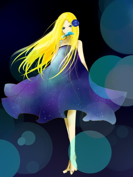 Anime picture 1050x1400 with arakawa under the bridge shaft (studio) nino single long hair tall image looking at viewer blue eyes blonde hair standing bare shoulders barefoot hair flower no shoes sleeveless dark background girl dress hair ornament rose (roses)